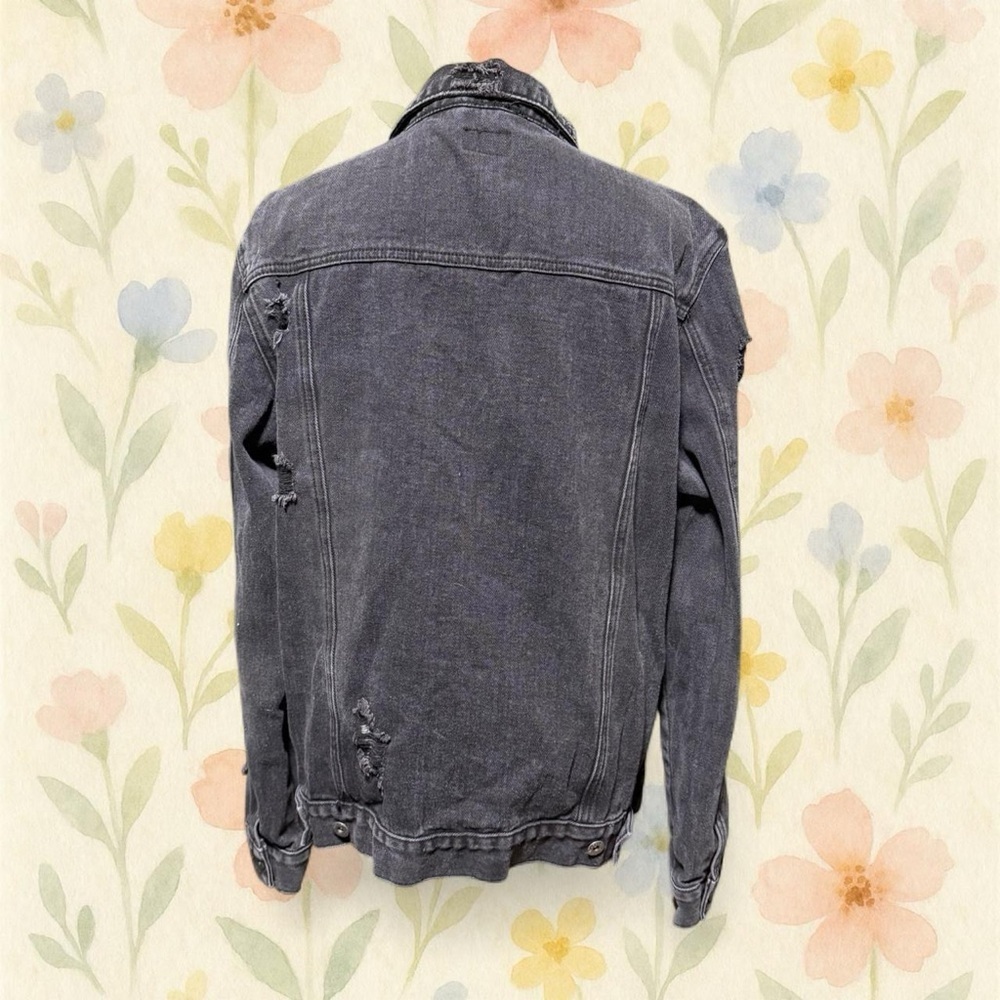 Request Premium Distressed Black Denim Jacket L Grunge Y2K Punk Cotton - Picture 6 of 8